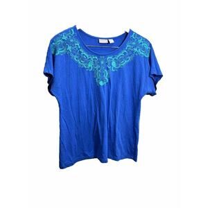 Chico's Chicos Blue Embellished Short Sleeve T-Shirt Size 1 Medium Embroidered